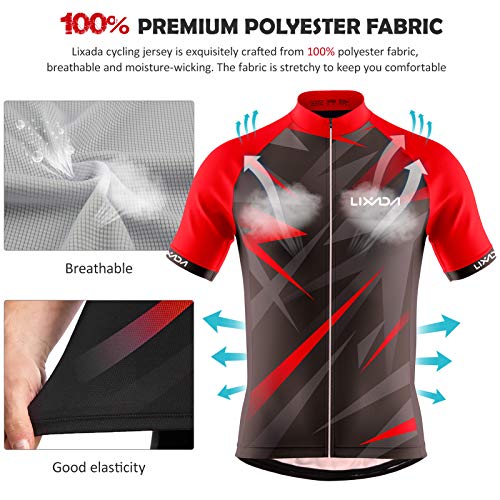 Lixada Ropa de Ciclismo para Hombre,Manga Corta Transpirable + Pantalones Cortos Acolchados,Traje de Ropa de Bicicleta de Montaña (Rojo+Negro, L)