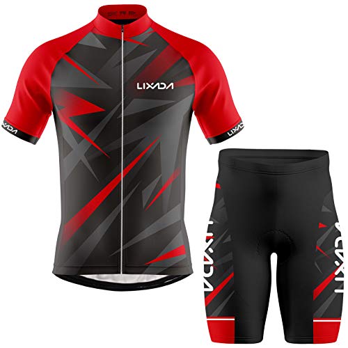 Lixada Ropa de Ciclismo para Hombre,Manga Corta Transpirable + Pantalones Cortos Acolchados,Traje de Ropa de Bicicleta de Montaña (Rojo+Negro, L)