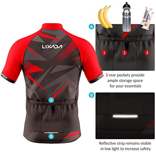 Lixada Ropa de Ciclismo para Hombre,Manga Corta Transpirable + Pantalones Cortos Acolchados,Traje de Ropa de Bicicleta de Montaña (Rojo+Negro, XL)