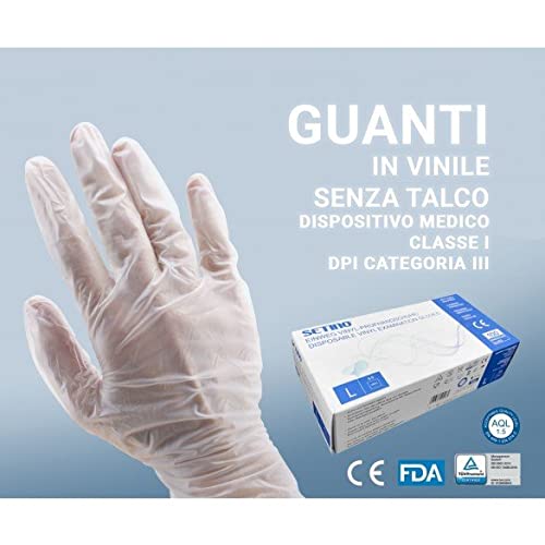 LKM security Guantes de vinilo sin talco desechables [Paquete de 100] Talla L Medical Device Clase I DPI Categoría III en paquetes de 100 unidades Talla L