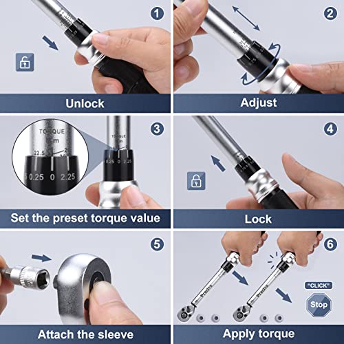 Llave Dinamométrica 1/4" 5-25 Nm, Preciva 15pz Kit Llave de Torque con Cabezal Reversible, Barra de Extensión, Botón de Liberación Rápida, Sonido de Clic, para Motocicletas y Bicicletas