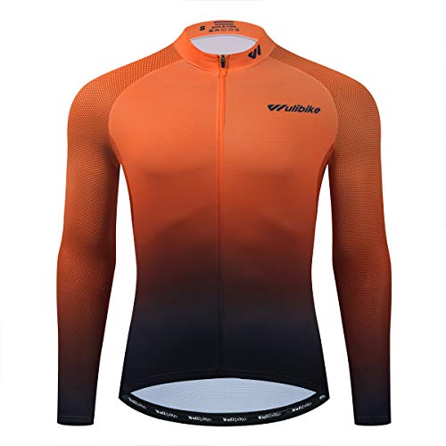 logas Maillot de ciclismo para hombre, de manga corta o larga, transpirable, para bicicleta, de secado rápido, para mountainbike, con bolsillos traseros, Hombre, Gradiente Naranja Manga Larga, XXL