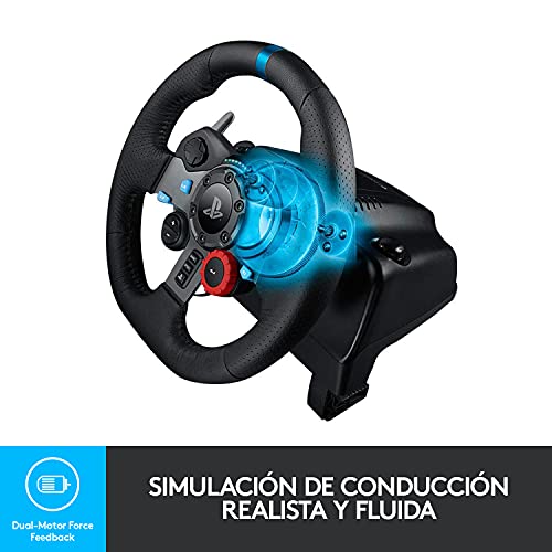 Logitech G29 Driving Force Volante de Carreras y Pedales, Force Feedback, Aluminio Anodizado, Palancas de cambio, Volante de Cuero, Pedales Ajustables, Enchufe EU, PS5, PS4, PC, Mac - Negro