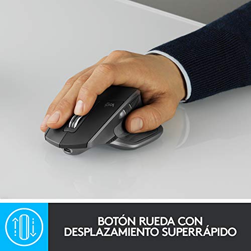 Logitech MX Master 2S Ratón inalámbrico, Múltiples Dispositivos, Bluetooth o 2.4GHz, Receptor USB Unifying, 4000 DPI Seguimiento en Cualquier Superficie, 7 Botones, PC/Mac/i Pad OS - Flounder