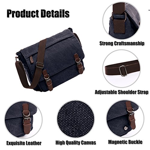 LOSMILE Hombres Lona Bolso de Bandolera La Bolsa de Mensajero Bolsa de Lona Bolsa de Hombro 16 Pulgadas Bolsa de Ordenador. (Negro)