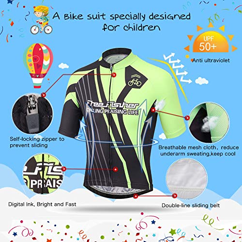 LPATTERN Maillots de Ciclismo Traje Conjunto de Bicicleta Jersey de Manga Corta + Culotte Pantalones para Niños, Negro/Verde, 2XL /12-13 años