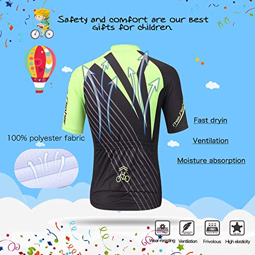 LPATTERN Maillots de Ciclismo Traje Conjunto de Bicicleta Jersey de Manga Corta + Culotte Pantalones para Niños, Negro/Verde, 2XL /12-13 años