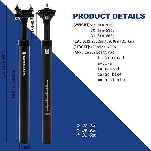 LS LETONG SINIAN Tija Sillin Amortiguador Bicicleta, Tija Suspension MTB Diámetro 27.2mm/30.9mm/31.6mm, Longitud 403mm Tija para Sillin Muelle Aluminio, Adecuado para BMX, MTB y Carretera Bicicletas