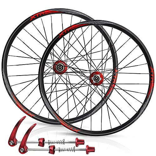 LSRRYD 26 Pulgadas Bicicleta Montaña Ruedas Juego Liberación Rápida MTB Rueda Llanta 32H Disco Freno Buje para 7/8/9/10/11 Velocidad 2015g (Color : Red, Size : 26in)