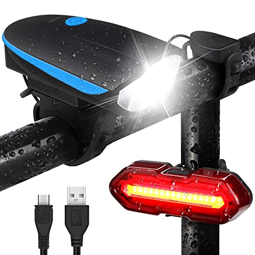 Luces Bicicleta, 3 + 5 Modos Luces Delanteras y Traseras Recargables USB para Bicicleta con1200mAh, Campana, IP65 Impermeable Luz LED Bicicleta para Ciclismo de montaña y Carretera