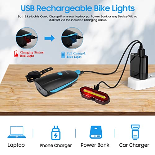Luces Bicicleta, 3 + 5 Modos Luces Delanteras y Traseras Recargables USB para Bicicleta con1200mAh, Campana, IP65 Impermeable Luz LED Bicicleta para Ciclismo de montaña y Carretera