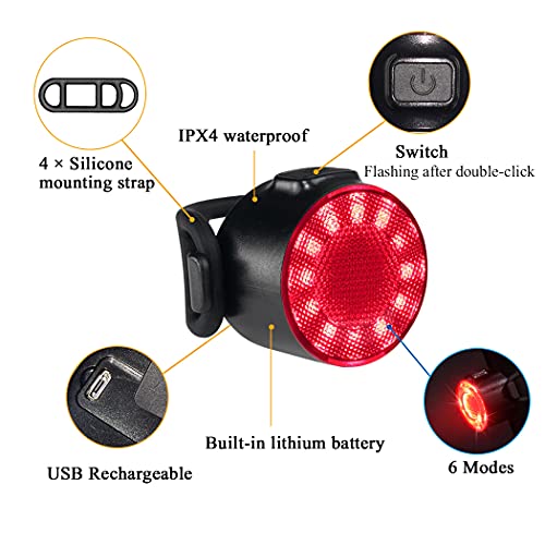 Luces Bicicleta, Impermeable Luz LED Bicicleta, 6 Modos de Brillo Luz Delantera Trasera, Recargable USB Bicicleta de Montaña o Carretera Seguridad para la Noche Luces