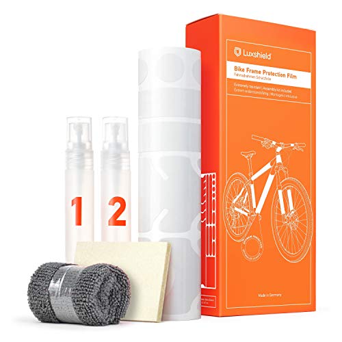 Luxshield Película Protectora de Pintura para Bicicleta de Montaña, BMX, Carretera, Trekking, etc. - Conjunto para Cuadro de 21 Piezas contra Golpes de Piedras - Transparente y Autoadhesivo