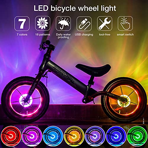 Luz de rueda de bicicleta para niños, 18 tipos de luz de radios con sensor inteligente LED de color, luz de radios delantera y trasera recargable LED para bicicleta, luces de rueda de carga de bicicle