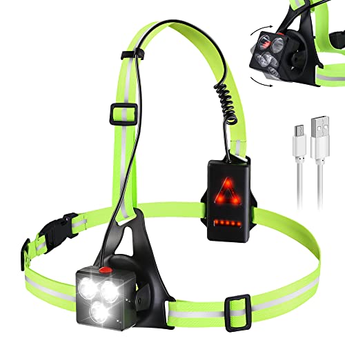 Luz para Correr Running LED - 3 Modos de Luz Lámpara de Pecho Recargable USB con Cinta Reflectante, Haz Ajustable de 120 ° Luz Running Pecho Impermeable IPX6 para Ciclismo, Carrera, Pesca, Acampada