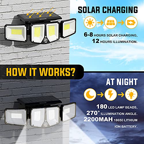 Luz Solar Exterior con 180 LED, Foco Solar LED Exterior Sensor de Movimiento 1800 Lúmenes, 2200mAh Luz Solar Jardin Potente con Impermeable IP65 y 3 Modos, para Iluminacion en Jardin, Garaje