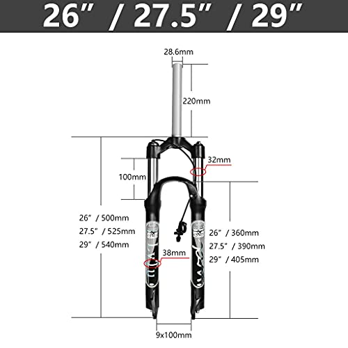 LvTu MTB Horquilla de Suspensión 26/27,5/29 Pulgadas Viaje 100mm, Tubo Recto 1-1/8 QR 9mm Aleación XC Bicicleta de Montaña Horquillas Delanteras Resorte de Aceite Hidráulico