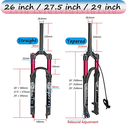 LvTu MTB Horquilla Delantera de Bicicleta 26 27,5 29 Pulgadas 120mm Viaje FO20-RK21, Ultraligero Freno de Disco Horquillas de Suspensión Neumática para Bicicleta QR 9mm Ajuste de Rebote