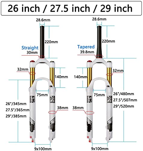 L&WB Bicicleta de aire MTB rueda delantera 26/27.5/29 pulgadas, 140 mm de aleación ligera 1-1/8 "Mountain Bike suspensión horquilla 9mm Qr blanco, 29 pulgadas, control de hombro B