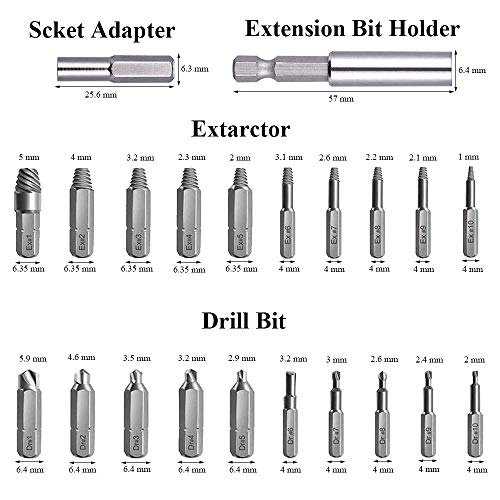 LWZko 22 Piezas Extractor Tornillos, Juego Extractor Tornillos, Kit Extracción Tornillos Dañados, HSS Magnética Juego Removedor Pernos con 10 Tamaños Taladros y Extractor para Tornillo Roto