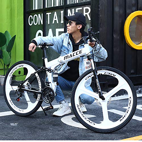 LXZH Bicicleta de Montana Plegable, 26 Pulgadas 27 Velocidad Bici para Hombre Mujer, Marco de Acero de Alto Carbono, Freno de Disco Mecánico,Blanco