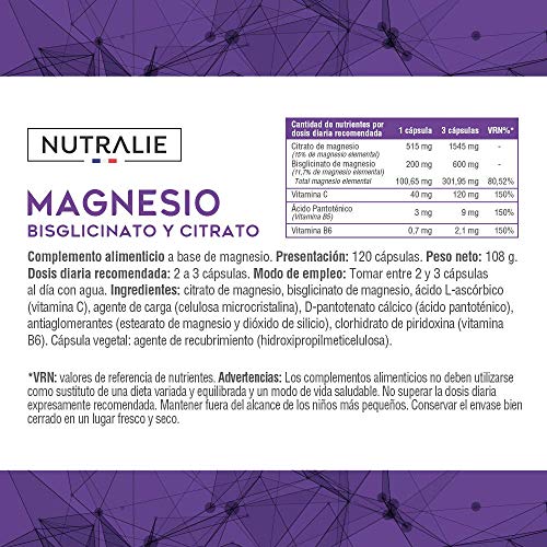 Magnesio con Vitaminas B5, B6 y C | Bisglicinato y Citrato de Magnesio 100% Biodisponible | 120 Cápsulas de 715 mg | Nutralie