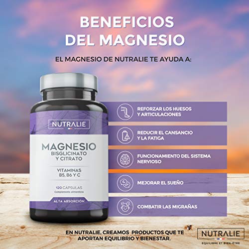 Magnesio con Vitaminas B5, B6 y C | Bisglicinato y Citrato de Magnesio 100% Biodisponible | 120 Cápsulas de 715 mg | Nutralie