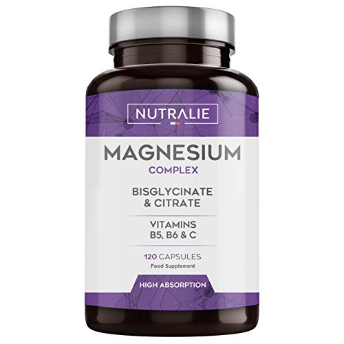 Magnesio con Vitaminas B5, B6 y C | Bisglicinato y Citrato de Magnesio 100% Biodisponible | 120 Cápsulas de 715 mg | Nutralie