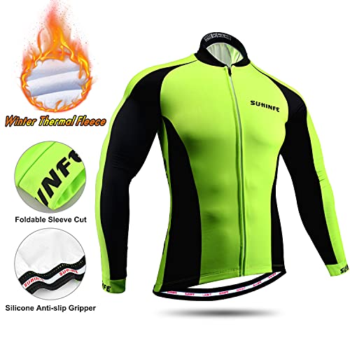 Maillot Ciclismo Hombre Invierno, Ropa Ciclismo Manga Larga Calor con Polar Térmico y Pantalones Ciclismo de Alta Elasticidad para Bicicleta Carretera y Bicicleta Montaña, Verde, M