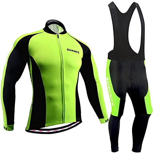 Maillot Ciclismo Hombre Invierno, Ropa Ciclismo Manga Larga Calor con Polar Térmico y Pantalones Ciclismo de Alta Elasticidad para Bicicleta Carretera y Bicicleta Montaña, Verde, M