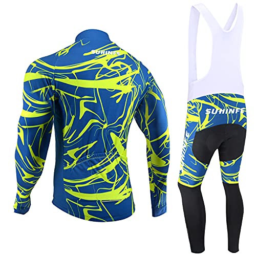 Maillot Ciclismo Invierno Hombre Manga Larga, Ropa Ciclismo Forro Polar Térmico con Cremallera Completa, Tira Reflectante y y Pantalón con Pechera Ciclismo para Mantener el Calor, Azul, XXL