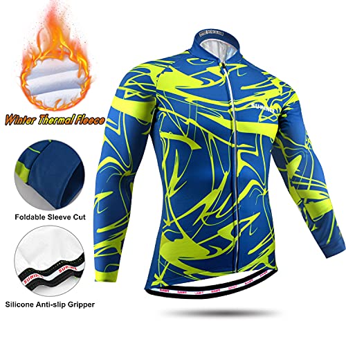 Maillot Ciclismo Invierno Hombre Manga Larga, Ropa Ciclismo Forro Polar Térmico con Cremallera Completa, Tira Reflectante y y Pantalón con Pechera Ciclismo para Mantener el Calor, Azul, XXL