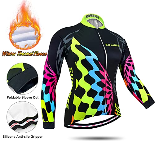 Maillot Ciclismo Mujer Invierno, Ropa Ciclismo Manga Larga con Forro Polar Térmico en y Pantalones Ciclismo de Alta Elasticidad para Bicicleta Carretera y Bicicleta Montaña, Negro, L