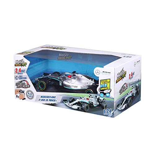 Maisto Tech R/C F1 Mercedes AMG Petronas W10 (2019): Coche teledirigido Lewis Hamilton a Escala 1:24, fidelidad 1, 2,4 GHz, Mando a Distancia, 22 cm, Color Plateado (582352)