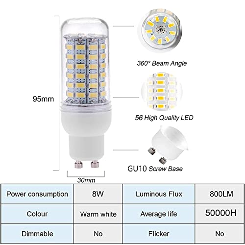 Maíz Bombilla LED GU10, 8W Equivalente a Bombilla Halógena de 80W, 800LM, Haz de Ángulo 360°, Alto Brillo CRI 82, AC 220V-240V, No Regulable, Paquete de 5,Warm White