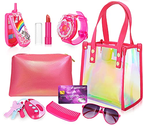 Maquillaje Niñas Set Juguete para Chicas Regalo Princesa con Bolsa, Cartera, teléfono con Sombra de Ojos, Cepillo, Peine, Reloj con Esmalte de Labios, Llaves, Gafas de Sol, Tarjeta