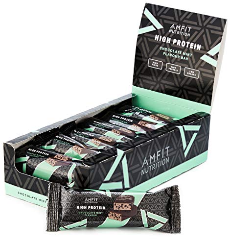 Marca Amazon - Amfit Nutrition Barrita de proteína baja en azúcar (19,8gr proteina - 0,9gr azúcar) - chocolate y menta - Pack de 12 (12x60g)