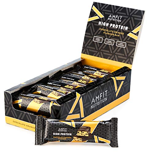 Marca Amazon - Amfit Nutrition Barrita de proteína baja en azúcar (19,8gr proteina - 2.1gr azúcar) - chocolate y naranja - Pack de 12 (12x60g)
