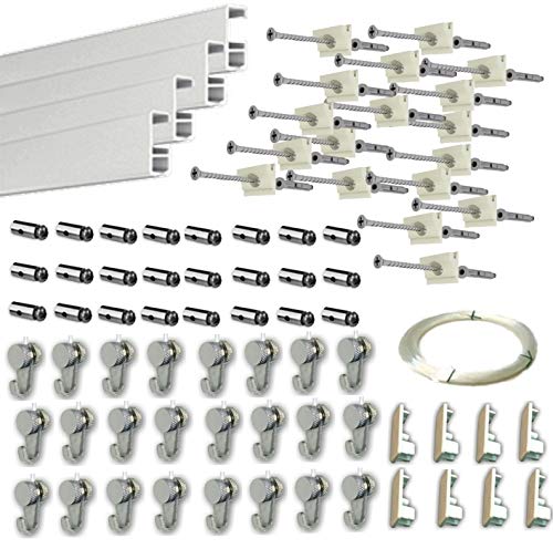 MARCS ARIAS SL Pack Basic RM de 12 Metros Guías de Aluminio (Blanco) con 24 colgadores Nylon para Colgar Cuadros… (Blanco Mate)