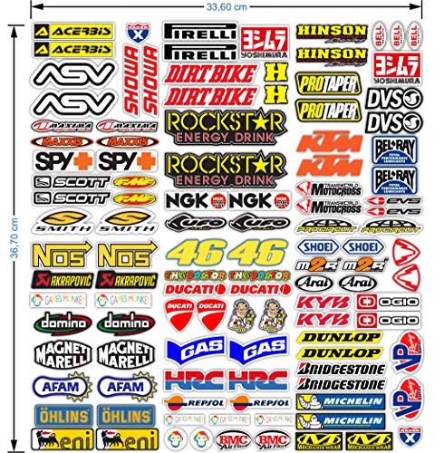 MAS DI VITALE MARIA ditta individuale Pegatinas Moto Patrocinadores 113 Pcs Sticker Gráficos motocrós MTB Ordenador Vespa Kit Modelo Vinyl Brillo Paquete de Marcas Famosas (36x33 cm)