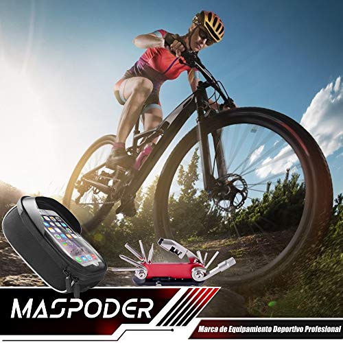 MASPODER Bolsa Bicicleta Manillar, Kit Herramientas Bicicleta 15 en 1 Multiherramienta Bici con Herramientas Bicicleta Cadena para MTB Bicicleta Carretera, Bicicleta Montaña