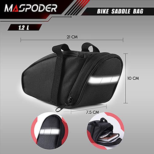 MASPODER Bolsa Bicicleta Sillin, Kit Herramientas Bicicleta, con Bomba de Aire Bicicleta Portatil, Kit Parches Bicicleta Autoadhesivo Reparación Neumáticos para MTB Bici Carretera Montaña (BASIC PLUS)