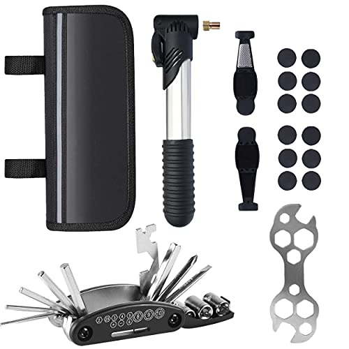 MASPODER Kit Herramientas Bicicleta, Bolsa Bicicleta Cuadro, Multiherramienta Bici Multifunción Profesional con Mini Bomba de Aire Bicicleta y Kit Repara Pinchazos para MTB Bicicleta Carretera Montaña