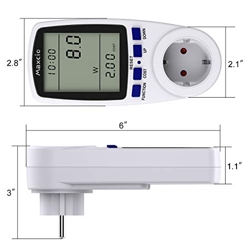 Maxcio Medidor de Consumo de Energía, Monitor de Electricidad Recargable con Pantalla LCD Retroiluminada, 7 Modos Medidor de Consumo Electrico con Protección contra Sobrecarga, Costo de Electricidad