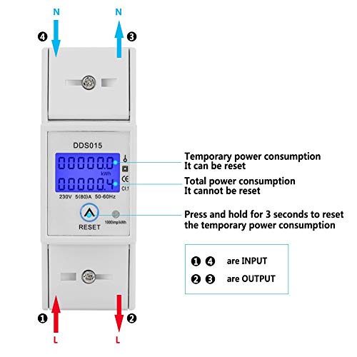 Medidor de Energía Monofásico - Medidor Digital de Vatios LCD Montaje en Riel DIN DDS015 5-80A 230V 50Hz