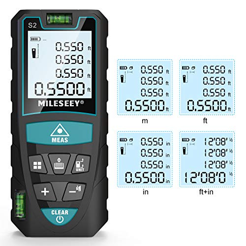 Medidor Laser de Distancia 50M,Mileseey Metro Laser IP54 con 2 Niveles de Burbuja, Medidor de Distancia Digital Portátil con Telémetro Láser con Pantalla LCD de 4 Líneas(Batería Incluida)