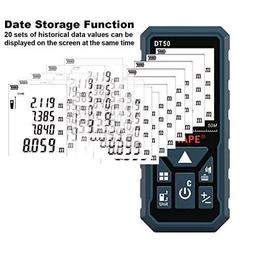 Medidor Láser, DTAPE DT50 Medidor de Distancia Láser 50M / 165 pies, Medidor de Presión Portátil Herramienta de Medición de Flujo digital, Pantalla LCD Retroiluminada más Grande de 4 Líneas IP54