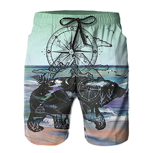 mengmeng Oso de doble exposición montañas, brújula para hombre, pantalones cortos de playa, natación, surf, pantalones cortos, blanco, M