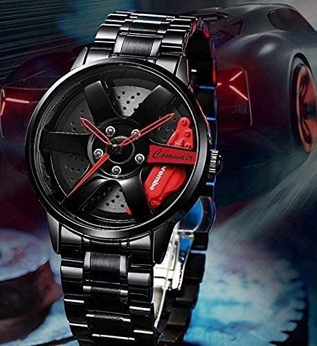 Menores de la Rueda del automóvil Moda Malla de Moda Rim HUB CUERDO SERREOSCÓPICO Movimiento de Cuarzo de Acero Inoxidable Reloj de Pulsera de Deportes Automóviles analógicos para Hombre