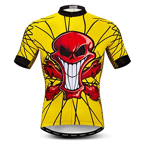 Mens Ciclismo Jersey manga corta Mountain Bike Shirt MTB Top cremallera bolsillo reflectante cráneo, a1, S (pecho 84/91 cm)